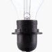 Exposed clear incandescent bulb and brass socket on top of ribbed brown ceramic lamp base
