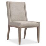 Linea side chair in beige color with textured upholstery and solid ash legs angled on white background