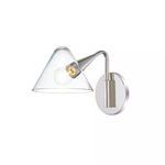 Isabella 1 Light Wall Sconce with brushed nickel finish and clear conical glass shade showcasing exposed bulb design