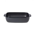 Rectangular seed grey stoneware baker with handles, smooth matte finish, deep interior for casseroles