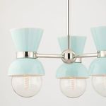 Gillian 3 Light Semi Flush Mount with three aqua blue steel shades and exposed round bulbs on polished metal frame