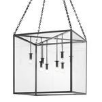 Large Catskill pendant chandelier with eight exposed bulbs in a cube-shaped steel frame suspended by black chains