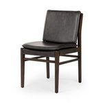 Straight-on front view spotlighting flat leather backrest and cushion of dining chair