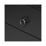 Close-up on metal ring pull hardware on black drawer front