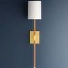 Wall sconce viewed straight on, showing full vertical arm and rectangular brass backplate