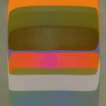 Tight crop focusing on vibrant orange and lavender horizontal bands and adjacent subtle green hues in the artwork