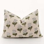 neutral linen pillow cover with green and white wild flower block print pattern
