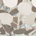 Close-up of the chandelier’s silver disc petals and metal stem connections from a lower angle