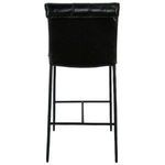 Rear view of Mayer Stool highlighting rolled leather backrest and iron support frame