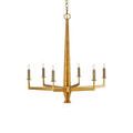 Goldfinch chandelier viewed from below focusing on chain, ceiling attachment, and eight arms