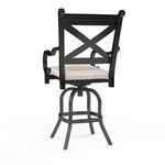 Back view showing X-cross backrest and curled top rail of espresso aluminum frame