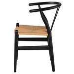 Side profile emphasizing the chair’s curved backrest rails and structural support bars under the woven seat