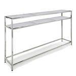 Echelon console table with slim polished nickel iron frame and two white marble slab shelves in symmetrical design