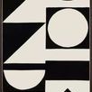 Bold black and white geometric painting with triangles, circles, and rectangles in sharp contrast