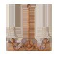 Side view of double arm wall chandelier featuring woven seagrass shades and curved wood arms