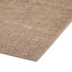 close-up view of rug corner showing the detailed antiqued pattern and flat woven texture