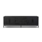 Black-finished oak Rosenell Media Console with smooth top, three drawers, and woven paper cord cabinet doors
