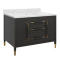 left side view of black linen vanity with marble top and gold hardware accents