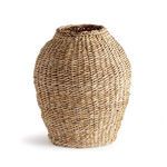 Teardrop-shaped vase woven from natural abaca leaf fiber with a broad base and open top