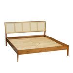 Queen bed with solid wood frame and woven cane headboard in a natural brown finish
