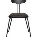 Front view showing cushion shape and curved wood backrest on black metal frame