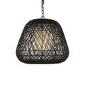 Front angle of Osbert Black Pendant suspended by chain showing warm glow illuminating twine mesh