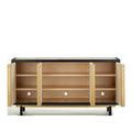 Deanna Raffia Credenza with all three doors open revealing upper and lower shelves inside