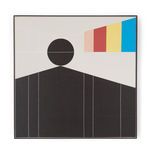 Left panel of diptych with black circle and dark geometric shapes against pale background with colored stripe detail