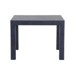 Front view showing solid rectangular legs and smooth blue raffia surface of the game table