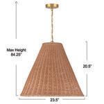 Front view of rattan pendant with dimensions showing 23.5 inch diameter and 20.5 inch height
