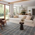 Rug styled in living room with beige sofa, black table, and natural light from large windows