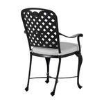 Rear angled view of aluminum arm chair with white seat cushion