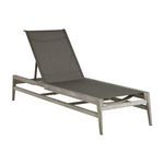 Coast Teak Chaise with gray fabric sling seating and weathered teak wood frame in a reclined position
