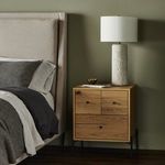 Nightstand styled in bedroom with tan walls and lamp with textured ceramic base