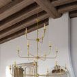 Side view of Nottaway Grande Gold Chandelier showing curved gold arms and ceiling attachment with wooden beams overhead