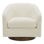 Oscy swivel chair in soft textured white fabric with rounded backrest and wooden circular base