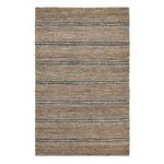 Hand-woven jute area rug in natural beige with evenly spaced blue stripes, flat rectangular shape