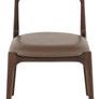 Front view focusing on the symmetrical wooden frame and smooth leather seat in sepia tone