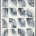 Abstract painting featuring 16 block sections with curved blue brush strokes on a white background framed in black