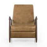Front view of olive green leather recliner with dark wood armrests and legs