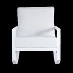 Front view showing straight armrests and cushion details of white lounge rocker
