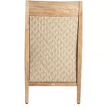 Back view highlighting woven panel and teak wood frame with brand label at bottom
