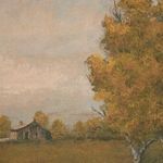 Close-up detail of cabin and fall tree foliage with visible canvas weave in muted earth tones