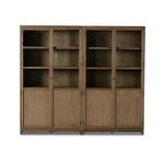 Full front view of empty double cabinet with closed glass and wood doors