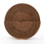 Bottom view of circular base showing radial wood rings and natural edge texture