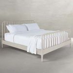 Jennifer Queen Bed in distressed antique white with spindle headboard and footboard on tapered legs
