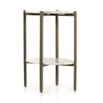 Back view showing taupe marble shelves and antique brass frame structure of nightstand