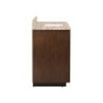 Close-up on travertine countertop edge meeting dark cocoa wood vanity side