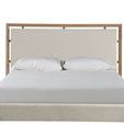 Kendall Panel Bed with fully upholstered beige fabric and wood frame featuring subtle linear panel details