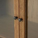 Latch and locking mechanism on underside of cabinet glass door with oak frame